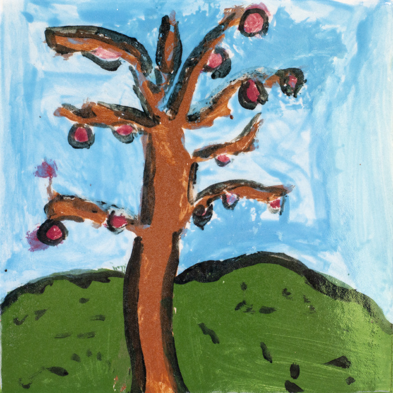 Painting of a highbush cranberry shrub with red berries on the branches in front of a blue sky.