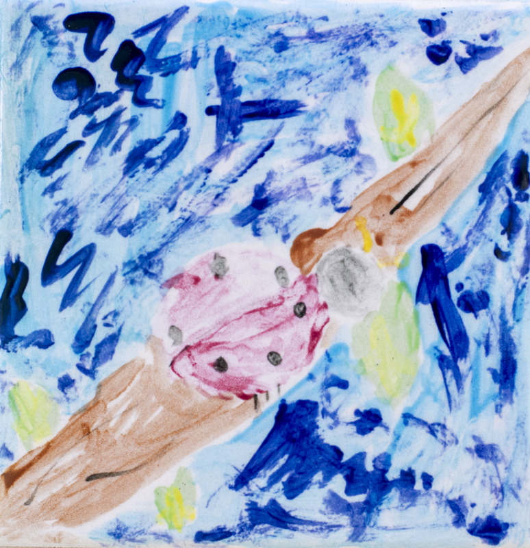 Painting of ladybug on branch against blue background.