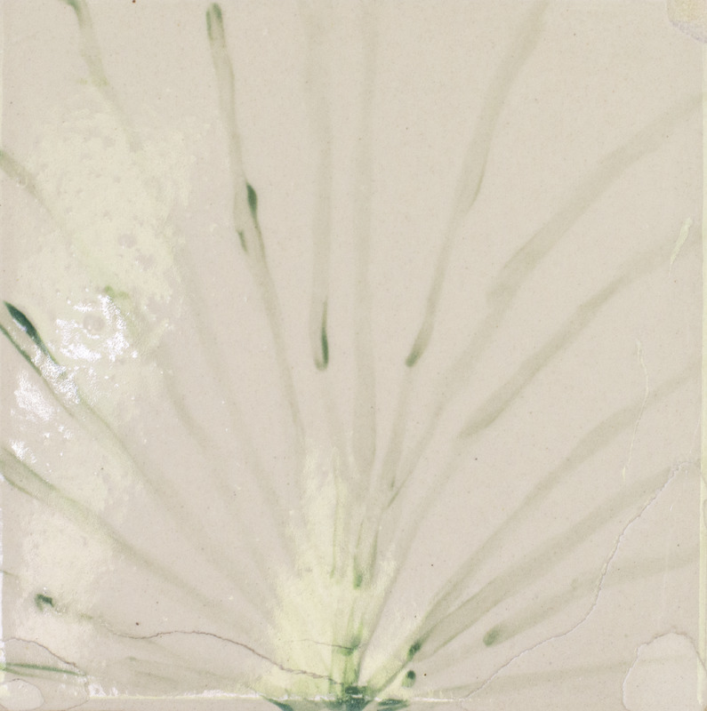 Painting of green lines that meet in the bottom-center.