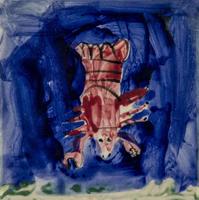 Painting of a red crayfish with claws spread, set against a dark blue background.