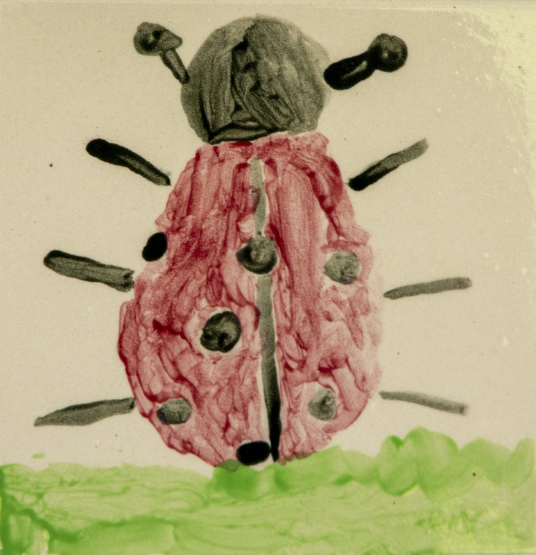 Painting of a red ladybird beetle with black spots, head, legs and antennae, standing on green grass.