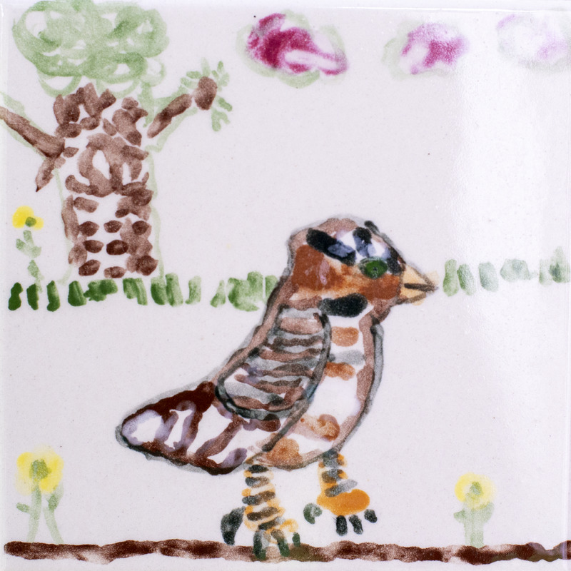 Painting of a brown and black bird with yellow flowers and a large tree in the background.