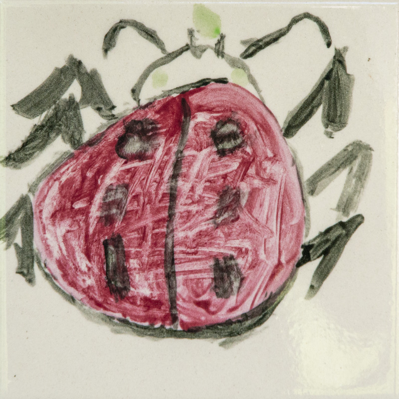 Painting of a red ladybug with black spots and legs.