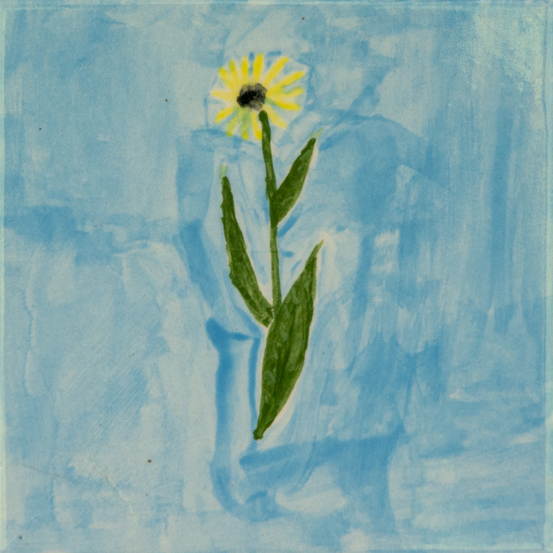 Painting of a single yellow sunflower with a dark center and green leaves, set against a light blue background.