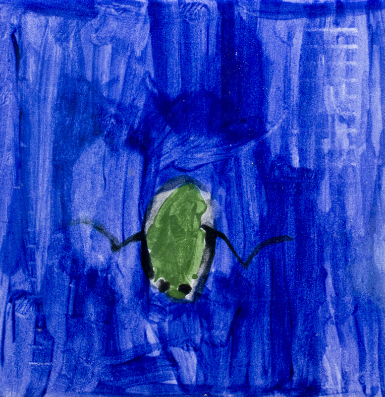Painting of a green backswimmer with black legs, swimming in blue water.