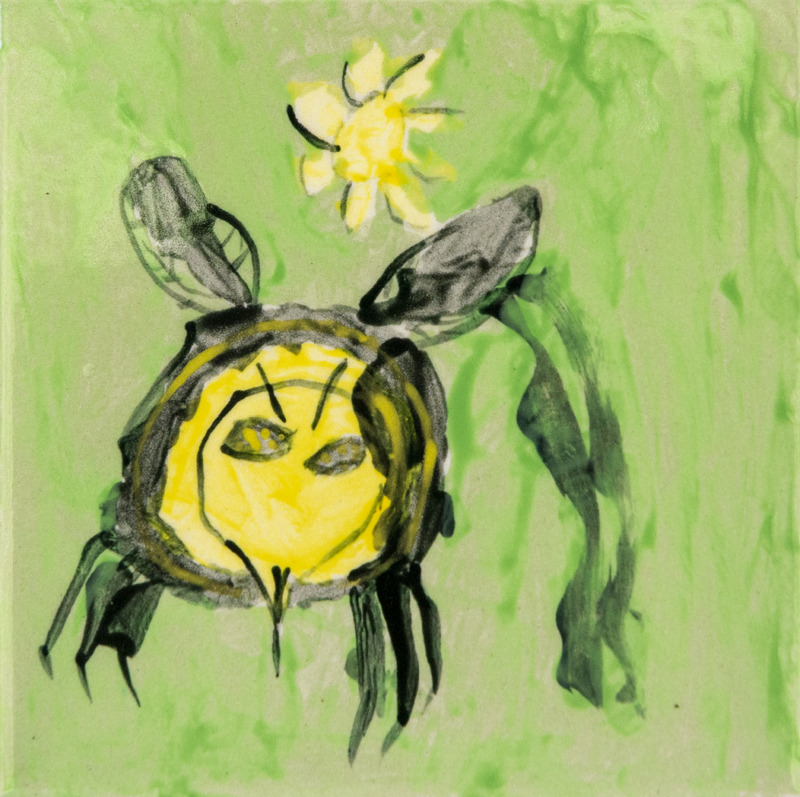 Painting of a yellow and black bee with grey wings flying near a small yellow flower against a light green background.