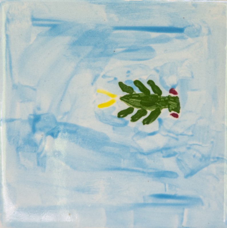 Painting of a green water bug floating in blue water, with multiple legs, small red eyes, and a yellow tail.