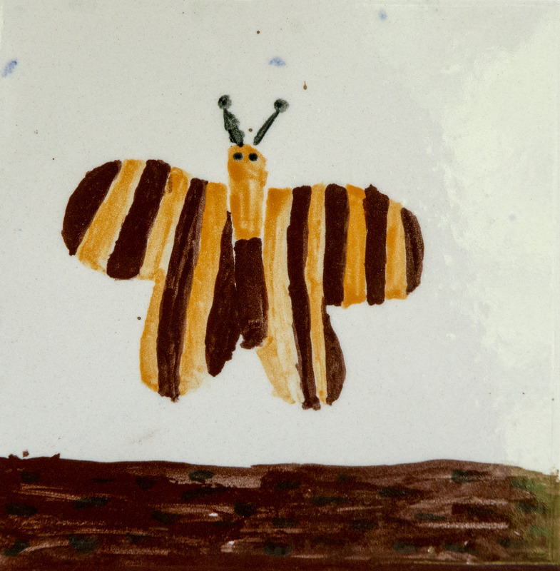 Painting of a butterfly with yellow and brown striped wings, small antennae, flying above a brown ground.