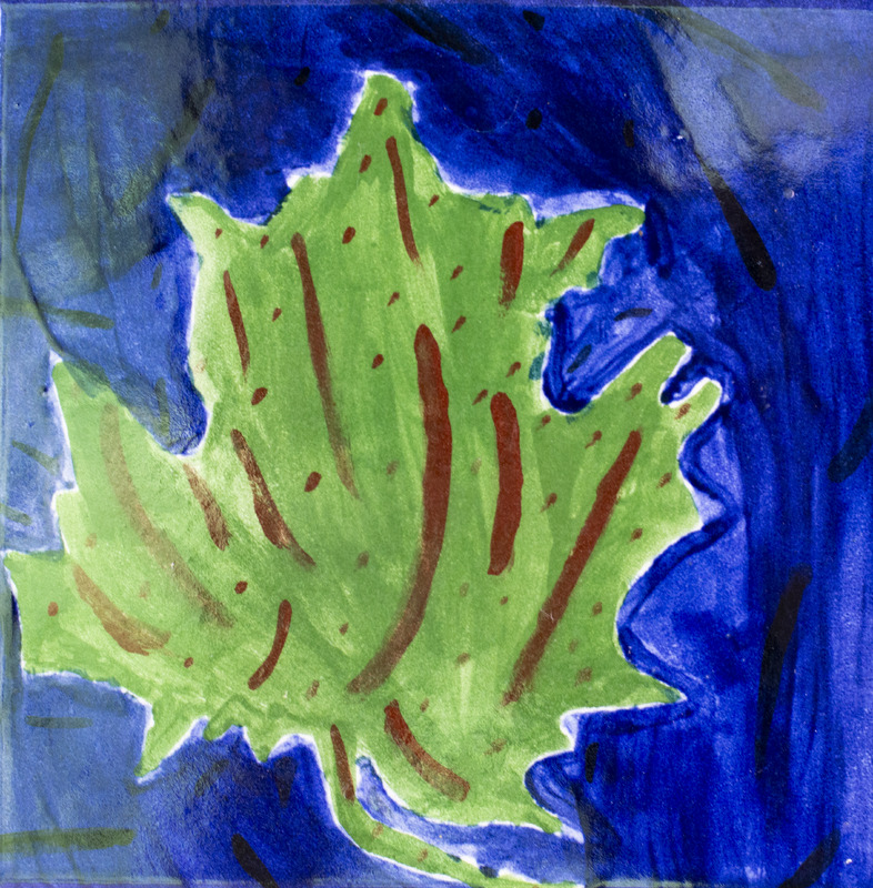 Painting of a green maple leaf with brown veins against a dark blue background.