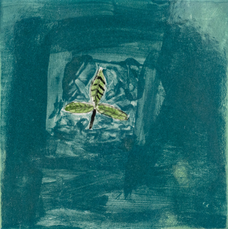 Painting of a small green leaf over with brown stripes in front of a teal background.