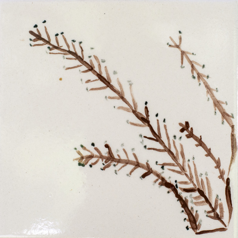 Painting of brown branches against white background.