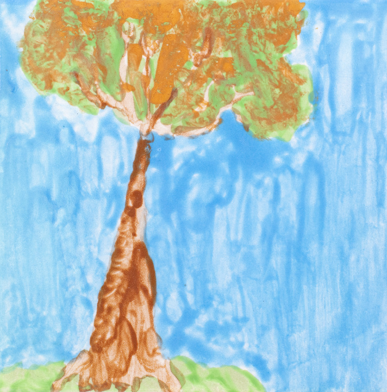 Painting of a tall tree with orange and green leaves and a brown trunk against a bright blue sky.