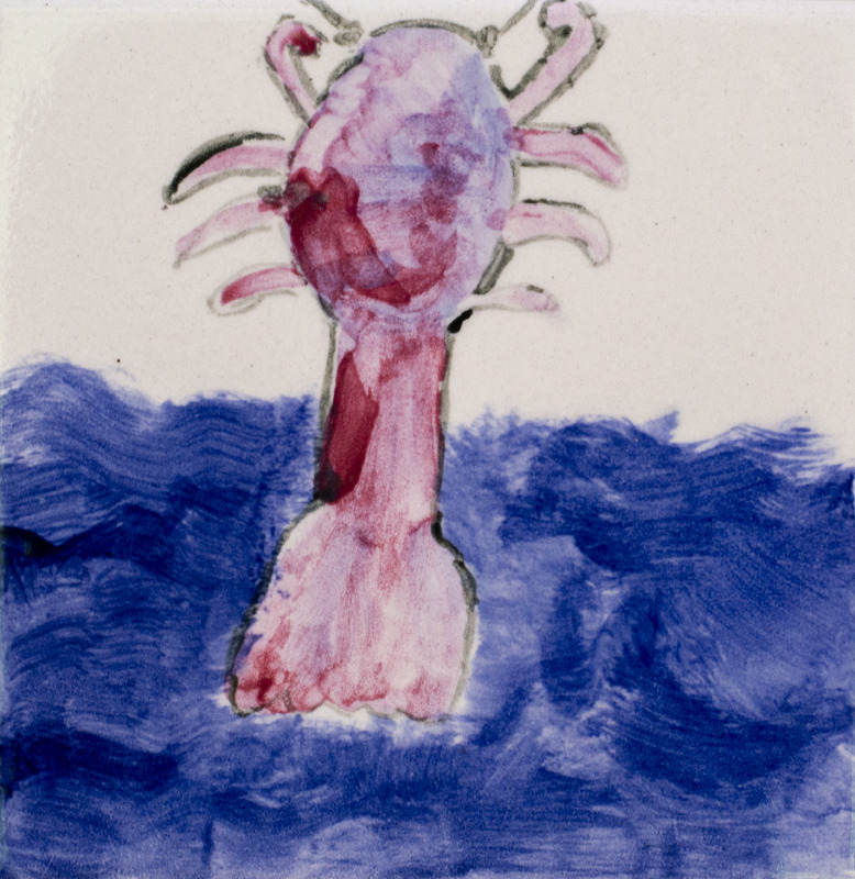 Painting of a crayfish swimming in the water.
