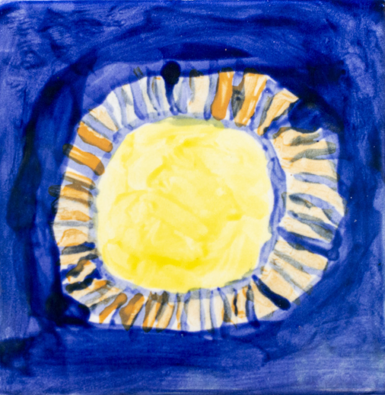 Painting of a yellow sun with orange rays against blue sky.