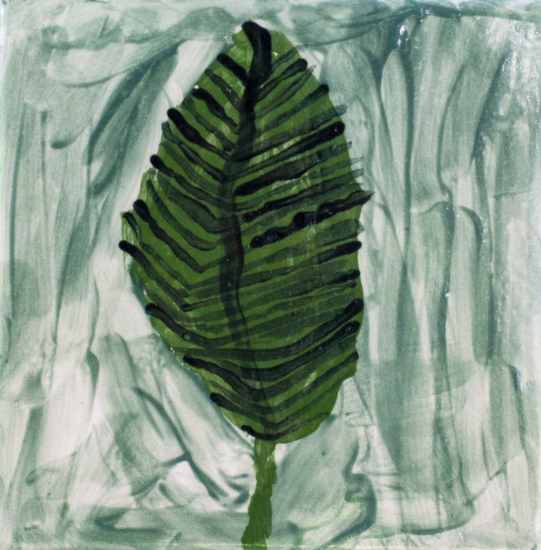 Painting of green leaf against turqoise background.