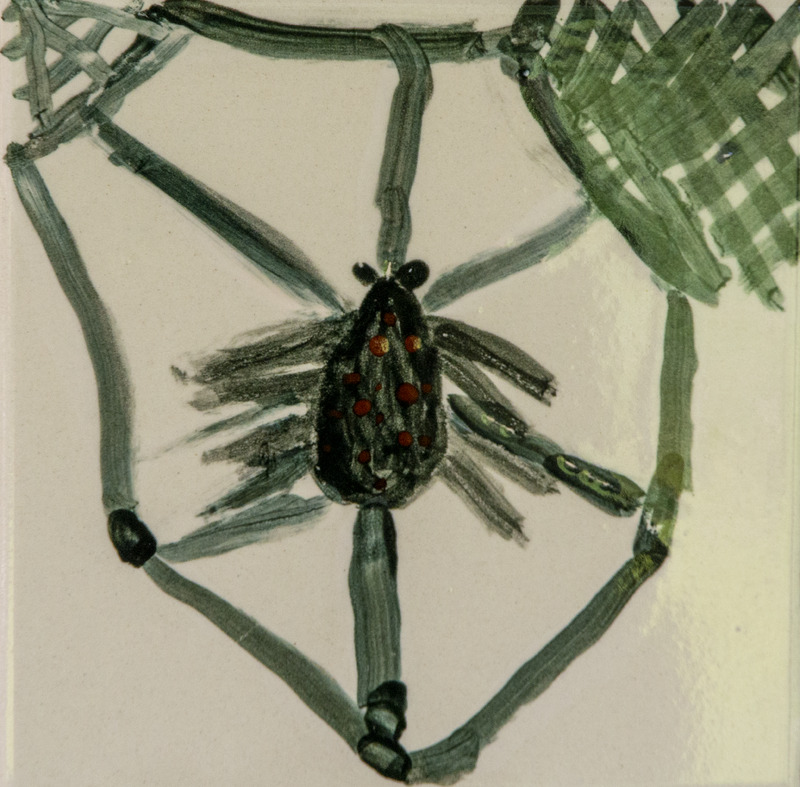 Painting of a spider with a dark oval body and red spots, long legs, resting on its web.