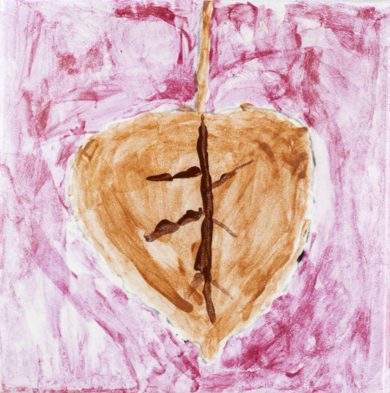 Painting of orange heart-shaped leaf against red background.