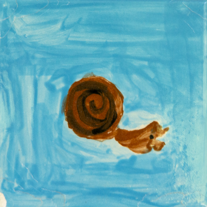Painting of a brown snail with a spiral shell on a light blue background.