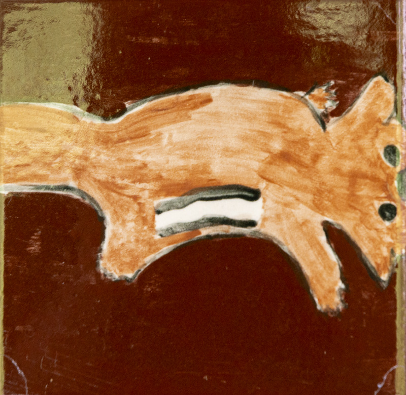 Painting of an orange chipmunk with black and white back stripes against a dark brown background.