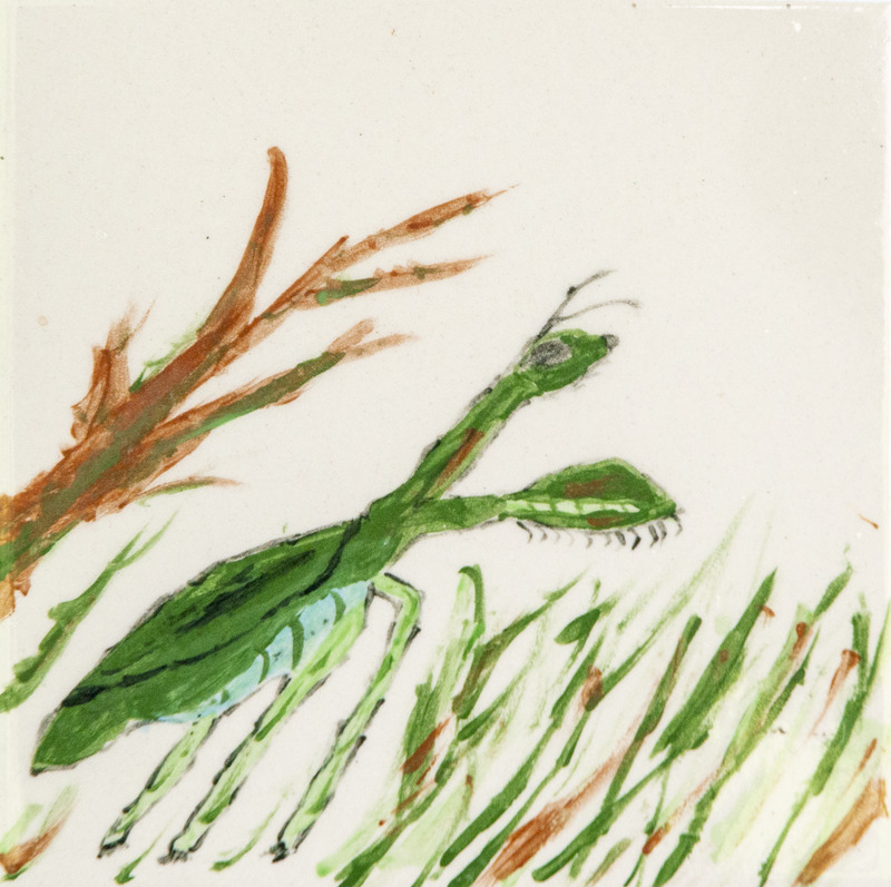 Painting of a green praying mantis with raised front legs standing in grass beside a brown branch.