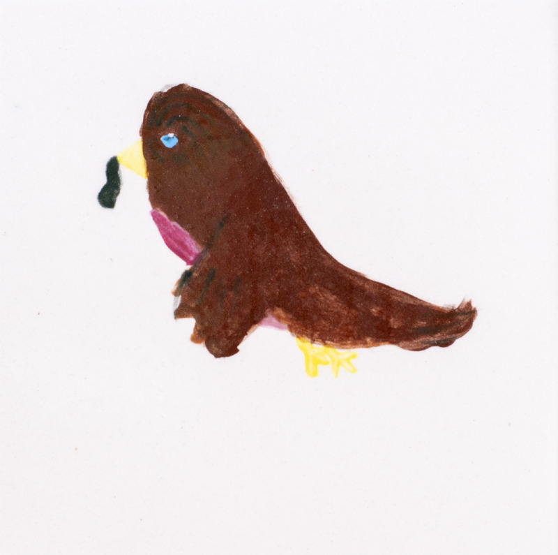 Painting of robin with a worm in its beak.