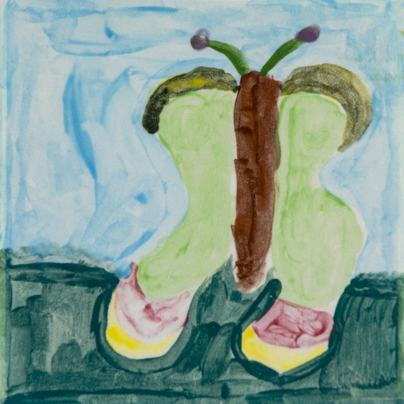 Painting of a butterfly with pale green wings and a brown body beneath a light blue sky.