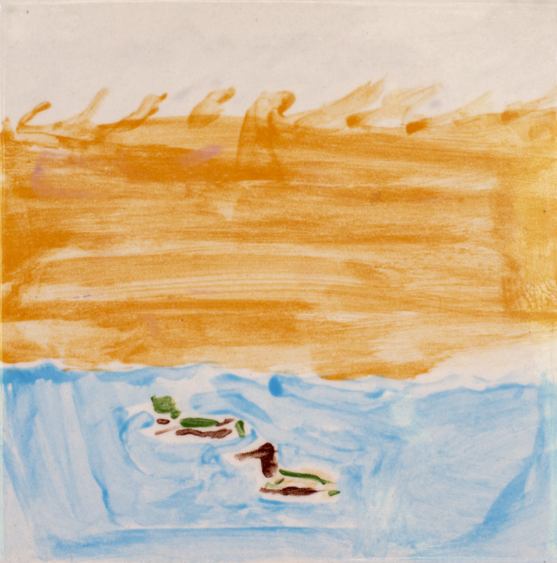 Painting of two male mallard ducks sitting in water with an orange background.