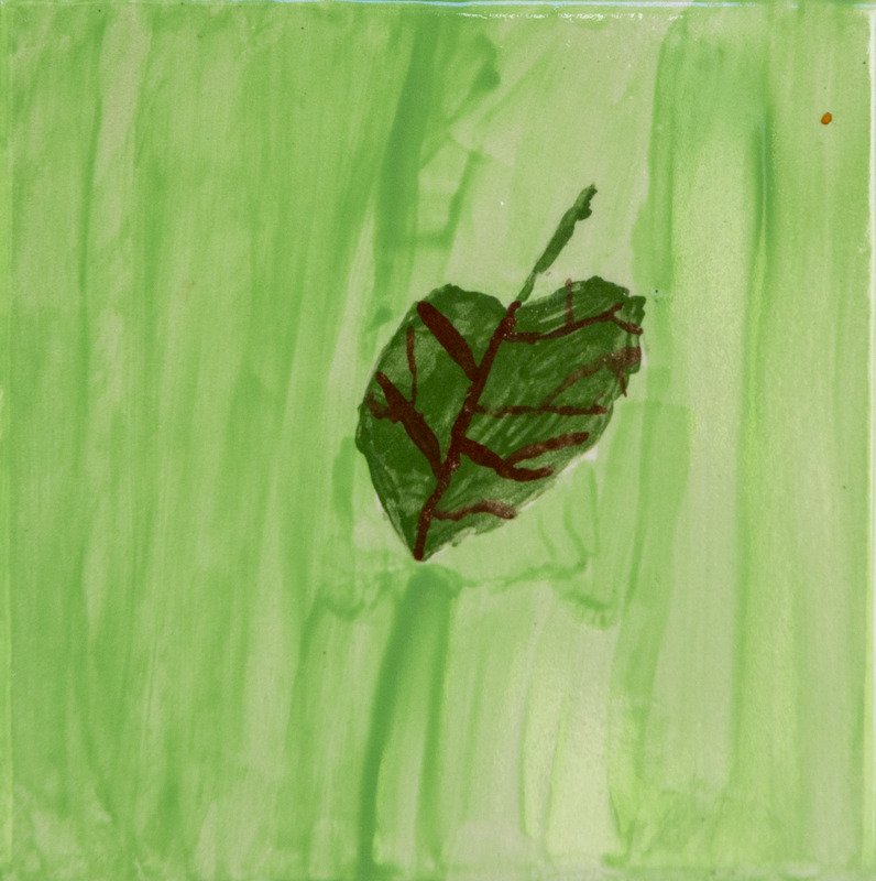 Painting of a single green leaf with brown veins on a light green background.