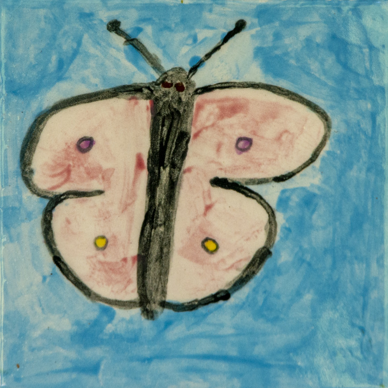 Painting of a butterfly with pale pink wings, small colored dots, black body and antennae, set against a blue sky background.
