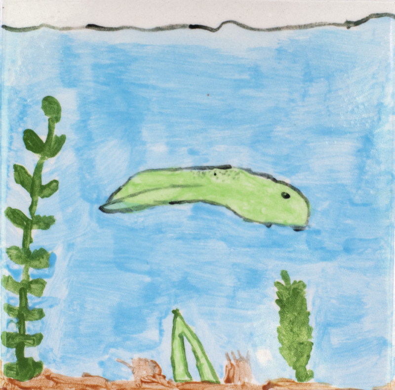 Painting of a green tadpole swimming in blue water with various green plants.