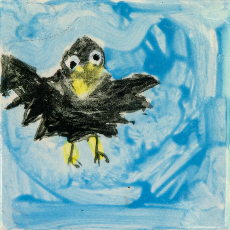 Painting of a black bird flying against a bright blue sky, with outstretched wings, large round eyes, a yellow beak, and yellow legs.