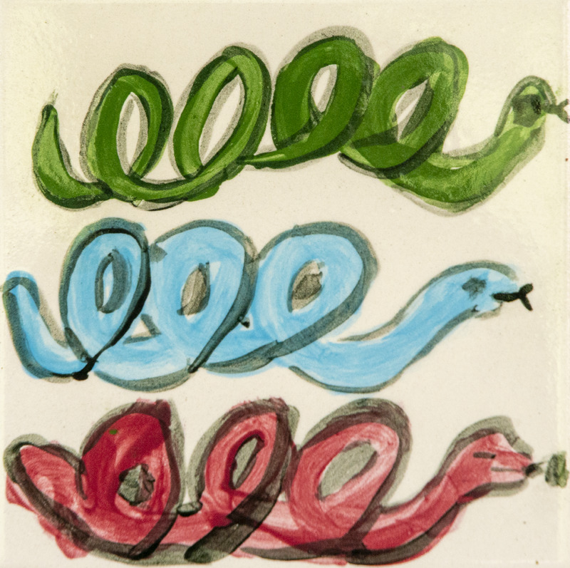 Painting of three colorful snakes coiled in looping shapes, one green, one blue, and one red, arranged in rows