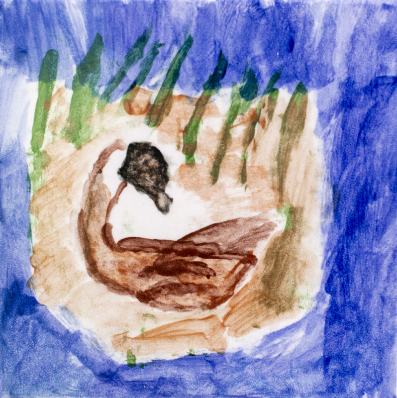 Painting of a goose in a nest surrounded by water.