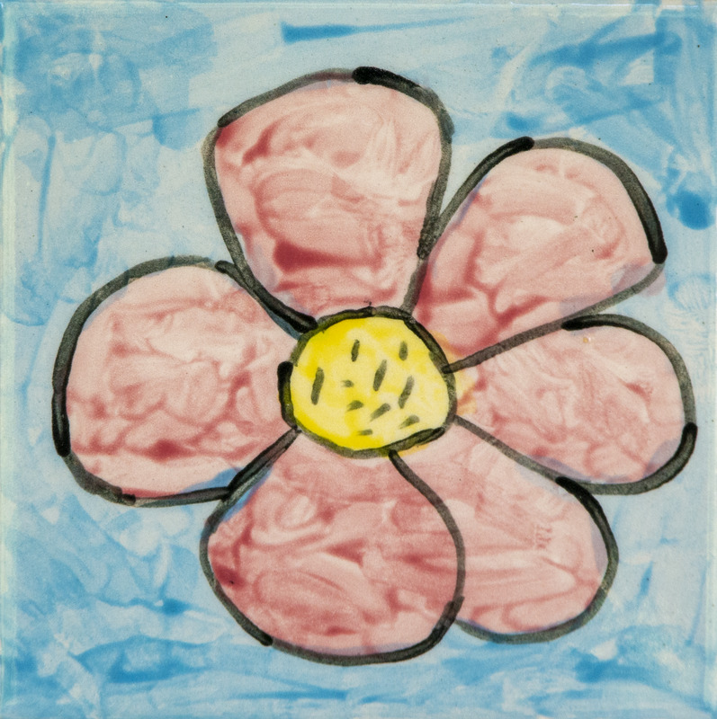 Painting of a pink flower with five rounded petals and a yellow center outlined in black, set against a light blue background.