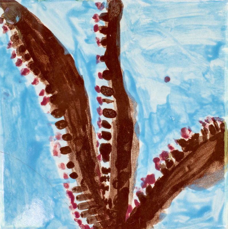 Painting of three branches growing red berries in front of a blue sky.