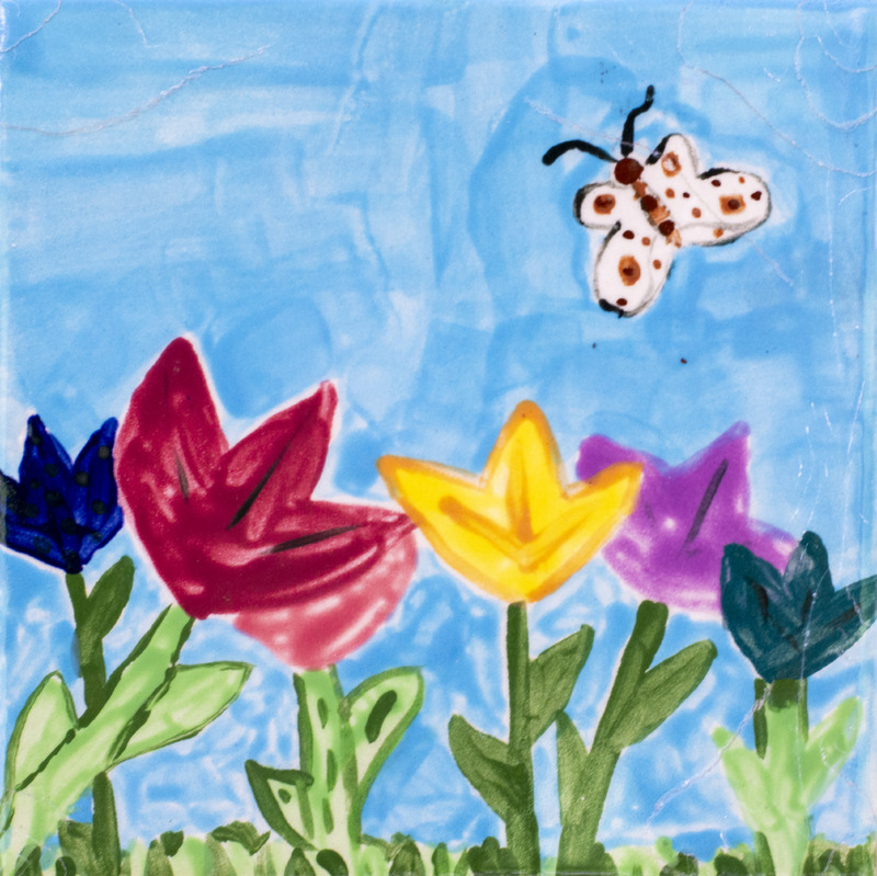 Painting of a white butterfly with brown spots flying above red, yellow, purple, and blue flowers under a bright blue sky.