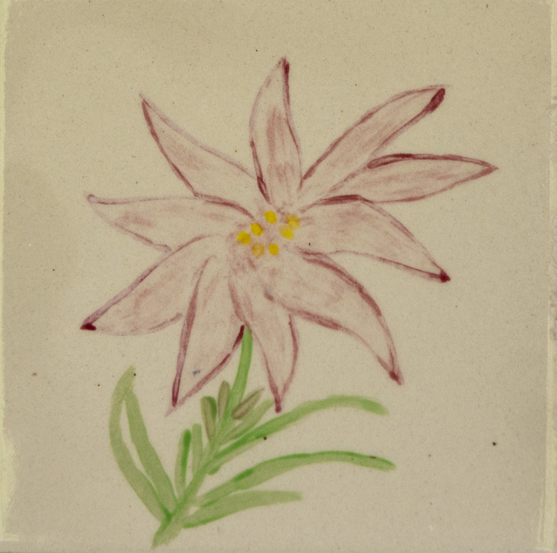 Painting of pink flower with long petals, yellow center dots, and green stem and leaves.