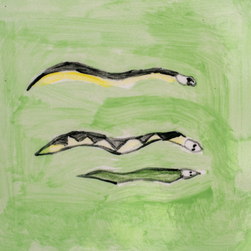 Painting of one green snake and two black and yellow snakes in front of a green background.