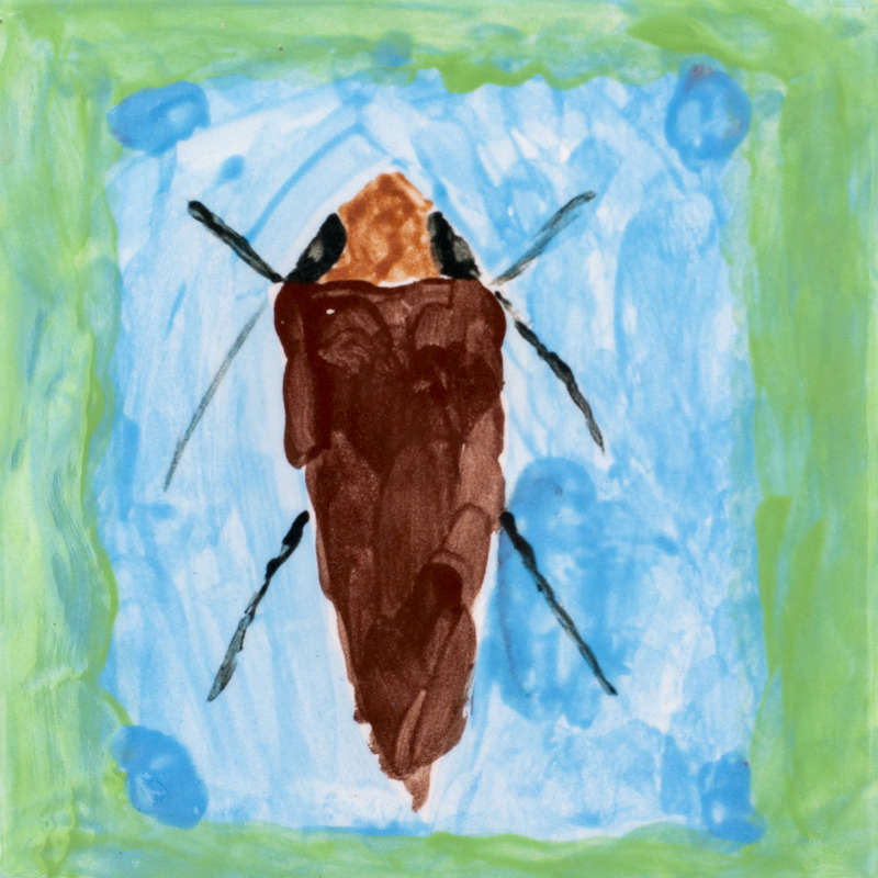 Painting of a large brown water bug with six legs and antennae on a blue water background with a green border.