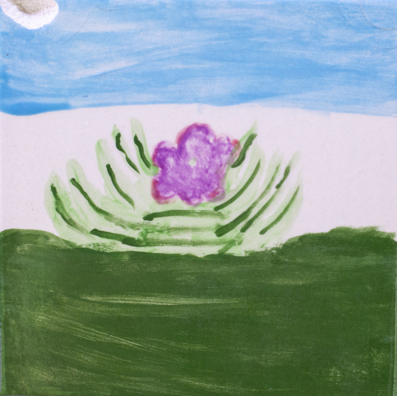 Painting of a purple Siberian squill flower with green leaves growing from the ground under a blue sky.