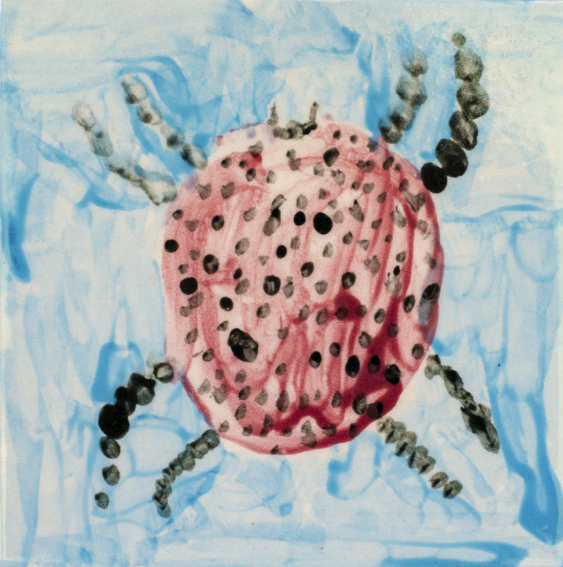 Painting of a red water mite with black spots in blue water.