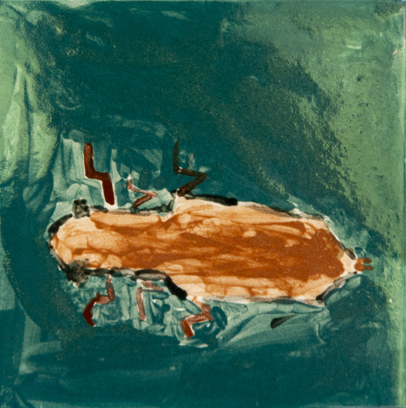 Painting of a brown dragonfly nymph with six black legs against a dark teal background.