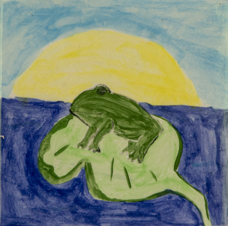 Painting of a green frog sitting on a lily pad in blue water, with a yellow sun setting against a blue sky.