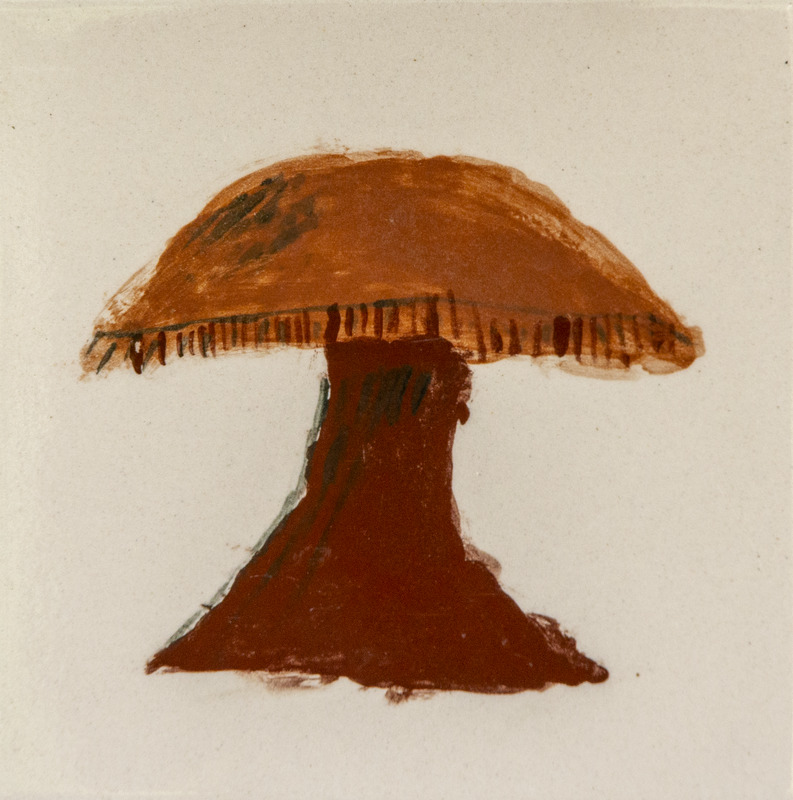 Painting of a brown mushroom with a wide cap and thick stem.