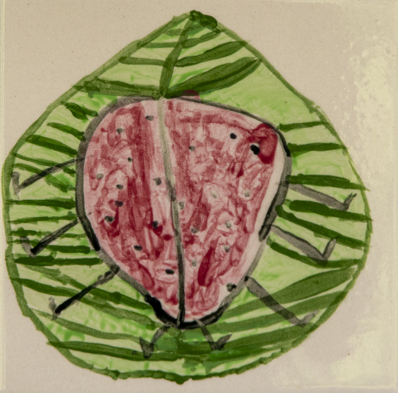 Painting of a red ladybug with black spots sitting on a large green leaf with visible leaf veins.