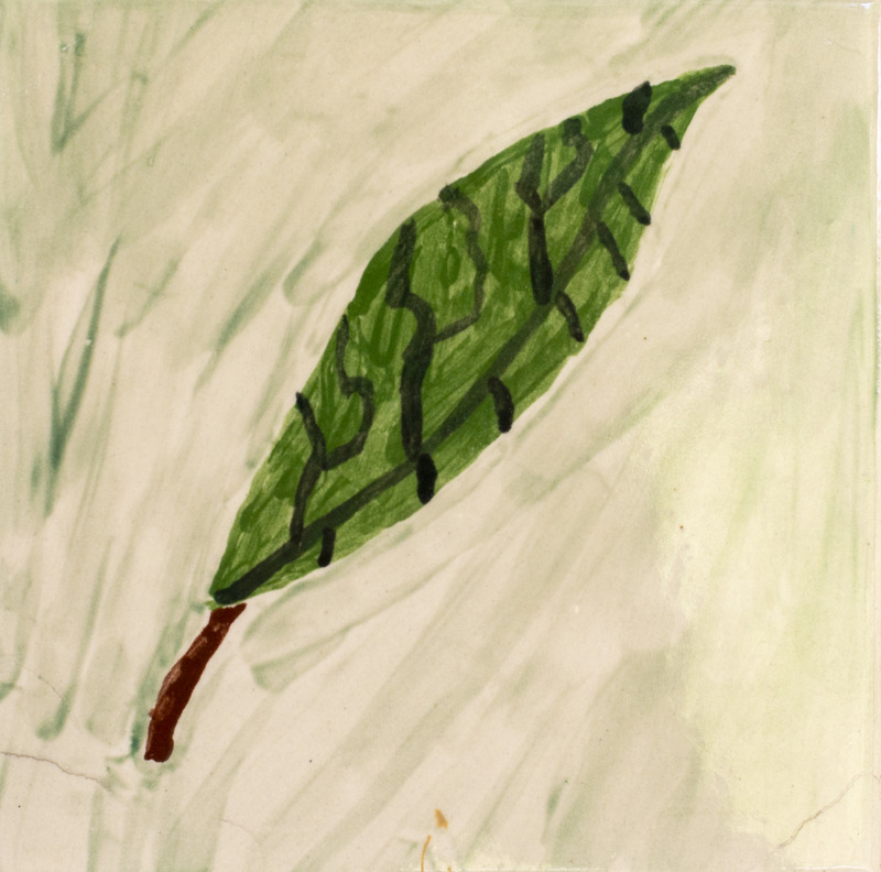 Painting of a green point leaf with a brown stem over a light green background.