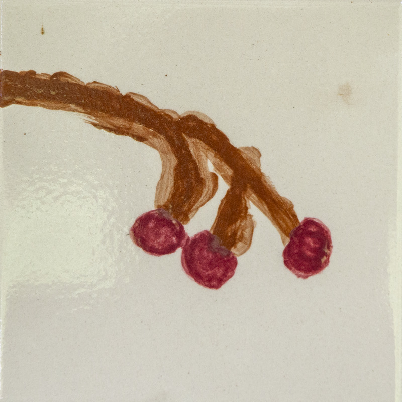 Painting of three red cranberries hanging from thin brown stems against a light background.