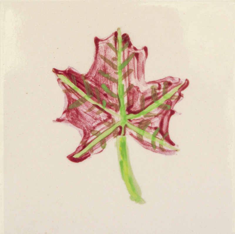 Painting of a red maple leaf with green veins and stem.