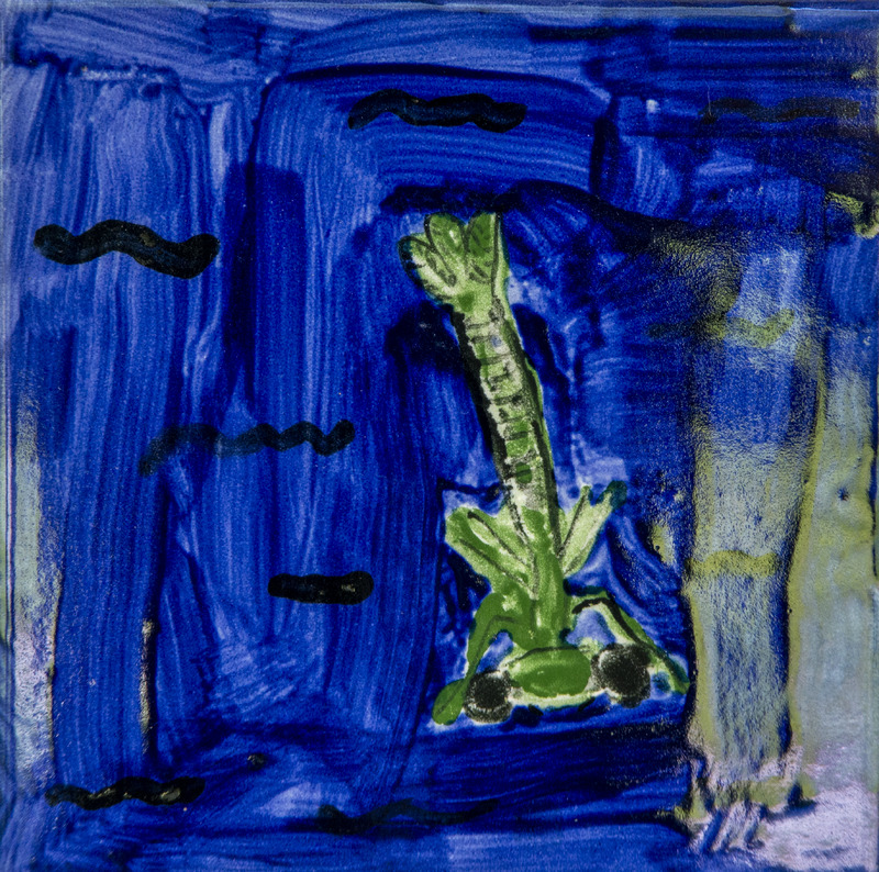 Painting of a green dragonfly nymph underwater, shown against a dark blue background with simple black lines suggesting water movement.