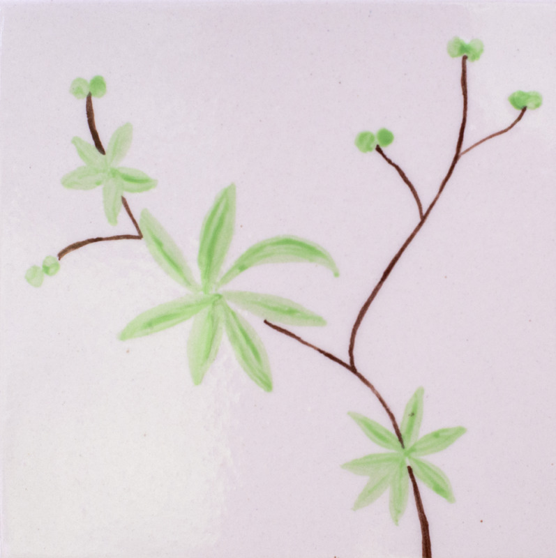 Painting of a thin brown branch with light green leaves and small buds growing from it against a plain white background.
